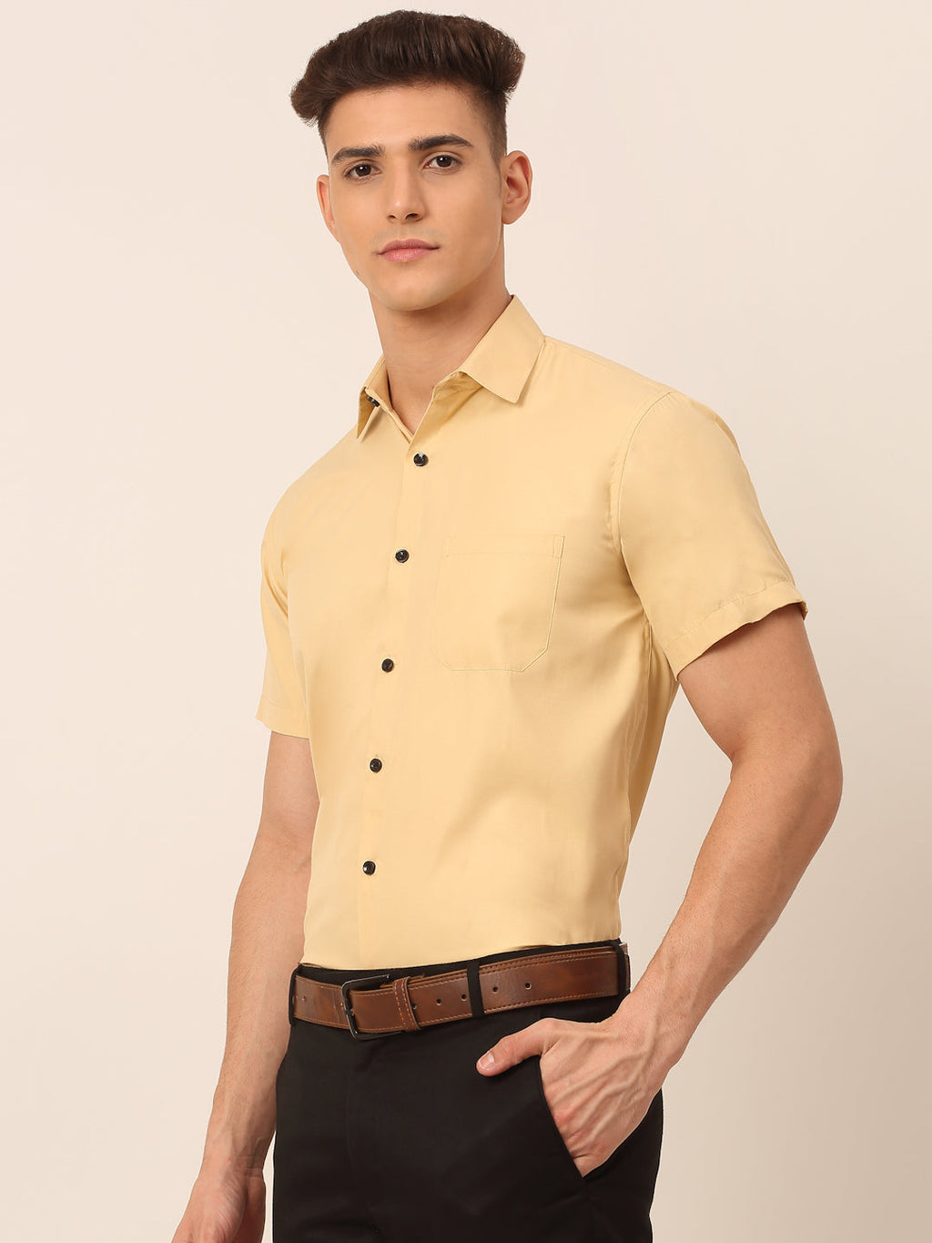 Jainish Men's Cotton Half Sleeves Solid Formal Shirts - Beige | Grocsy