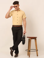 Jainish Men's Cotton Half Sleeves Solid Formal Shirts - Beige | Grocsy