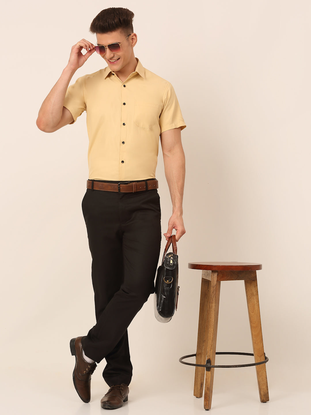 Jainish Men's Cotton Half Sleeves Solid Formal Shirts - Beige | Grocsy