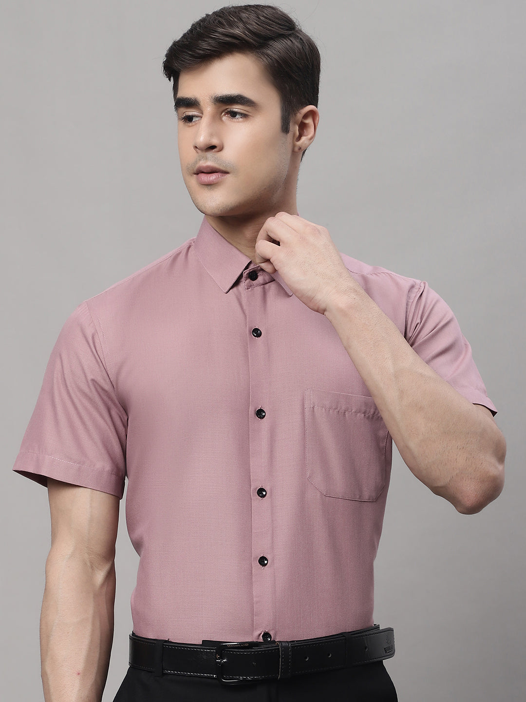 Jainish Men's Cotton Half Sleeves Solid Formal Shirts - Magenta | Grocsy