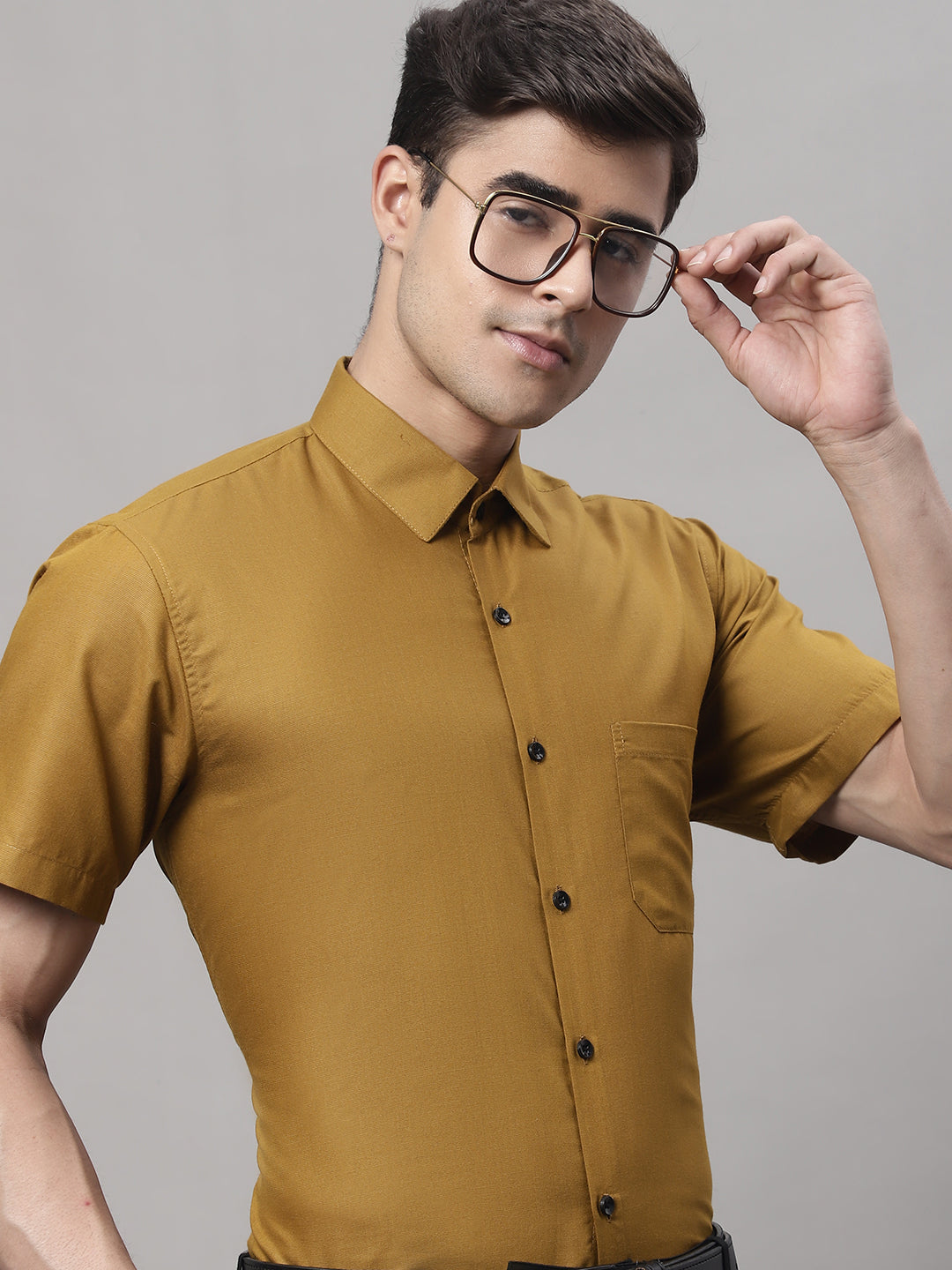 Jainish Men's Cotton Half Sleeves Solid Formal Shirts - Mustard | Grocsy