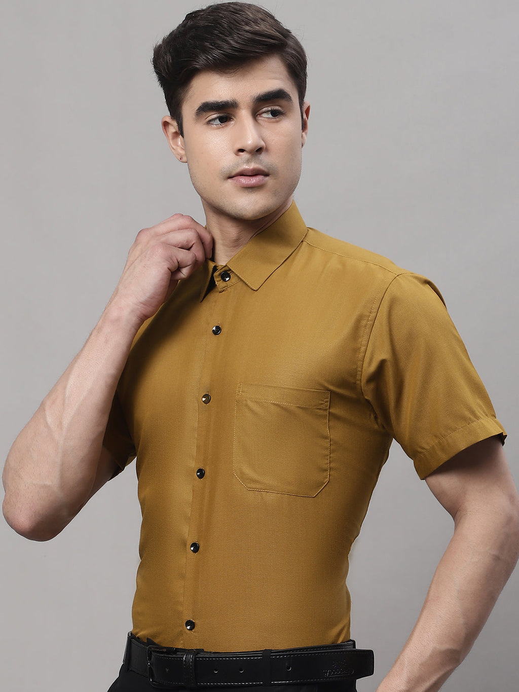 Jainish Men's Cotton Half Sleeves Solid Formal Shirts - Mustard | Grocsy