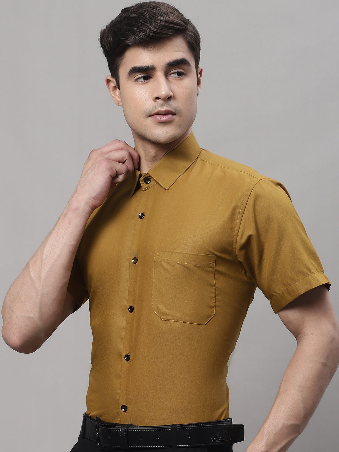 Jainish Men's Cotton Half Sleeves Solid Formal Shirts - Mustard | Grocsy