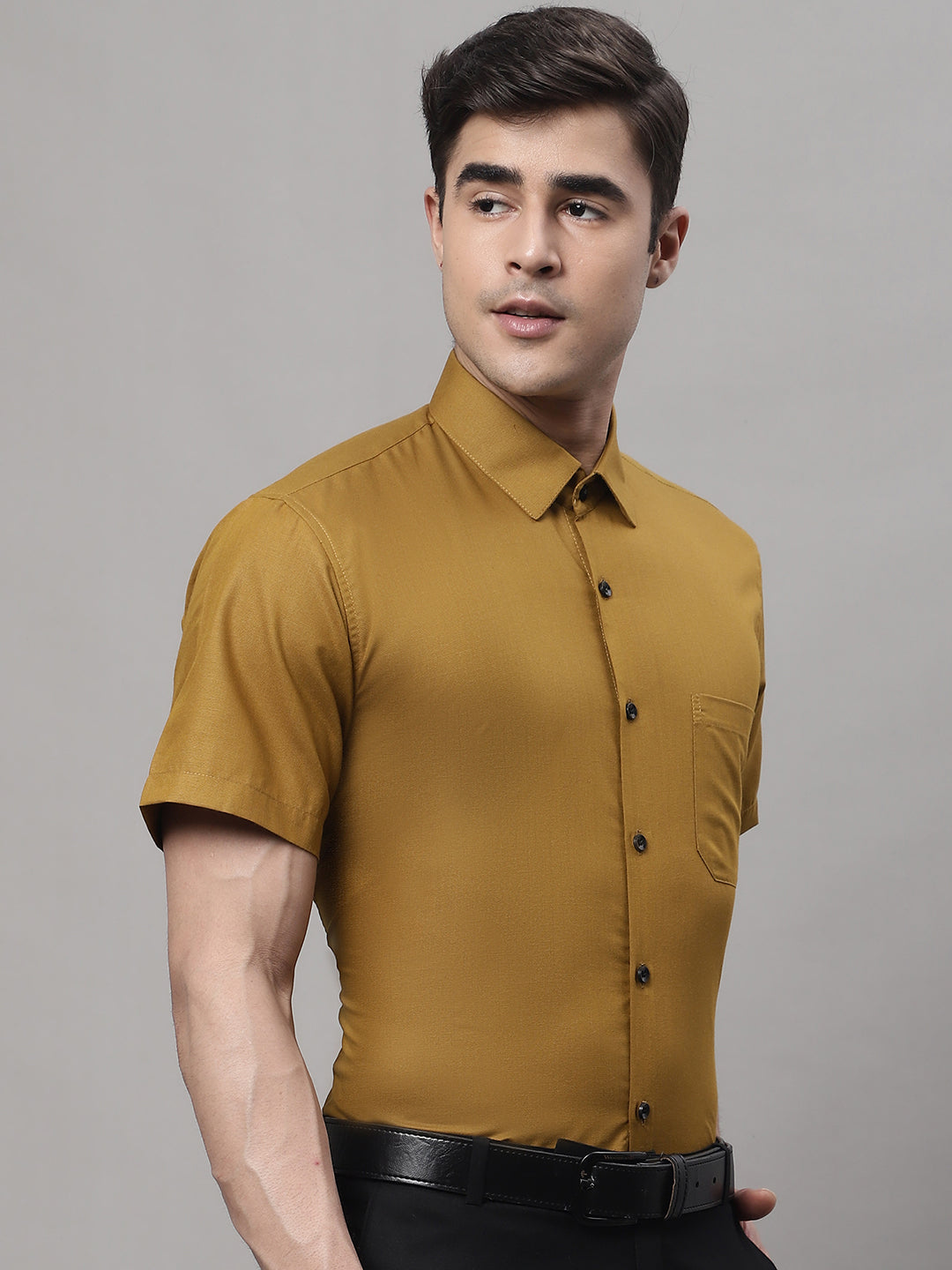 Jainish Men's Cotton Half Sleeves Solid Formal Shirts - Mustard | Grocsy