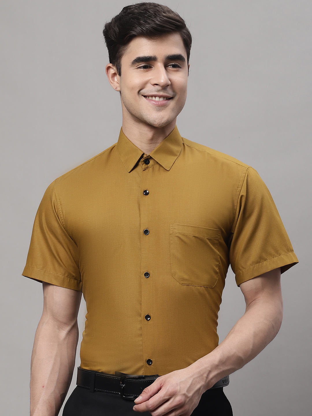 Jainish Men's Cotton Half Sleeves Solid Formal Shirts - Mustard | Grocsy