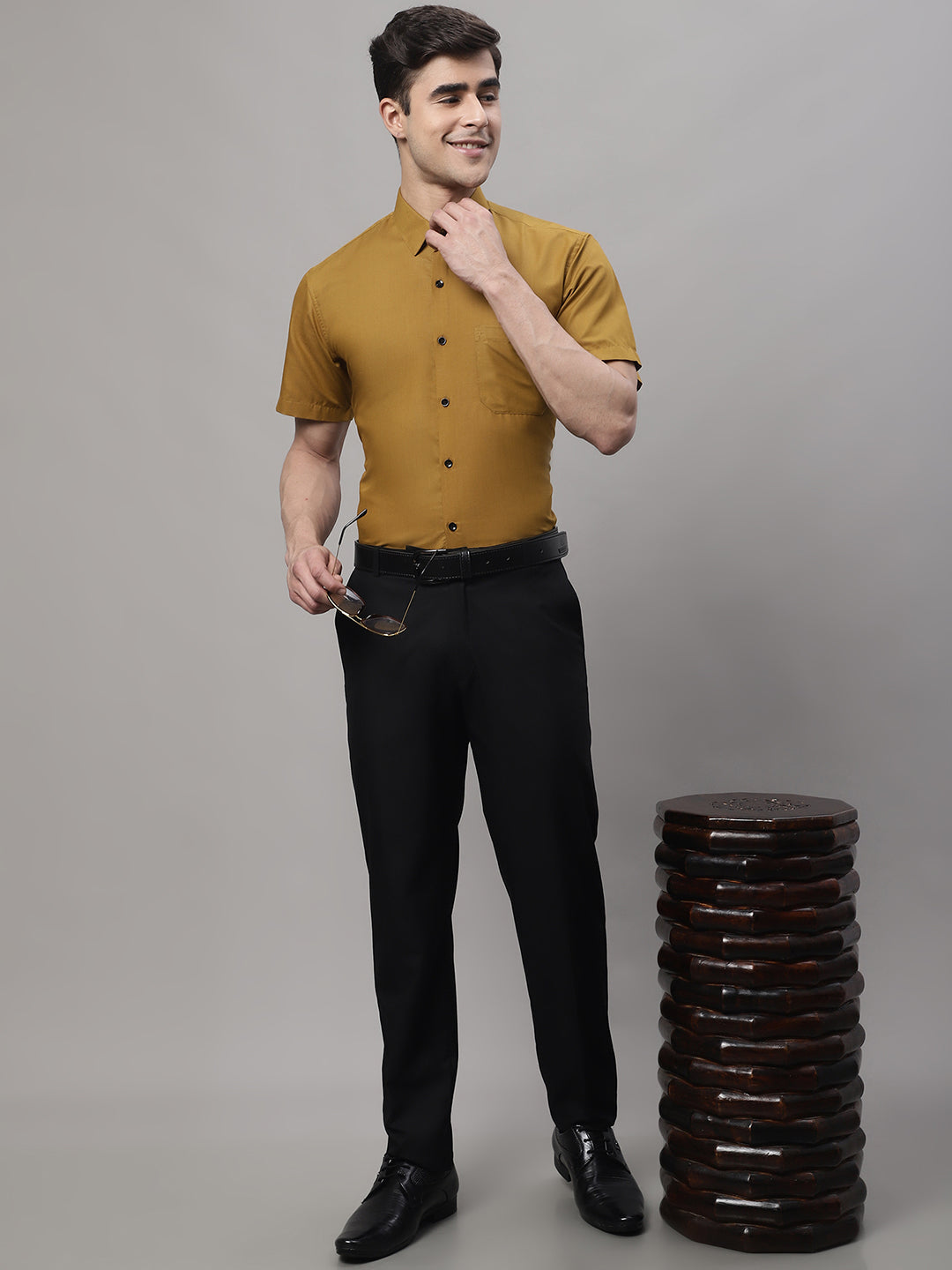 Jainish Men's Cotton Half Sleeves Solid Formal Shirts - Mustard | Grocsy
