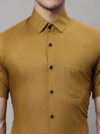 Jainish Men's Cotton Half Sleeves Solid Formal Shirts - Mustard | Grocsy