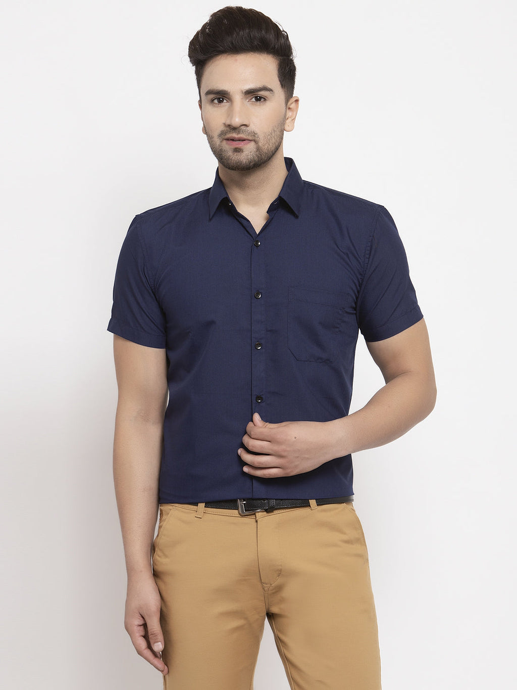 Jainish Navy Men's Cotton Half Sleeves Solid Formal Shirts ( SF 754Navy ) | Grocsy