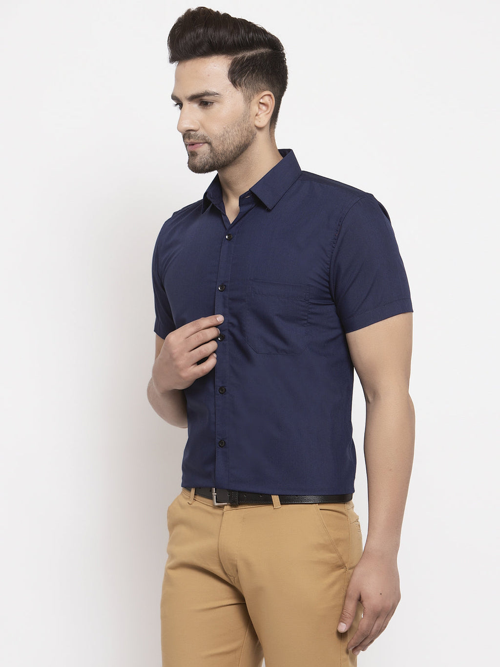 Jainish Navy Men's Cotton Half Sleeves Solid Formal Shirts ( SF 754Navy ) | Grocsy