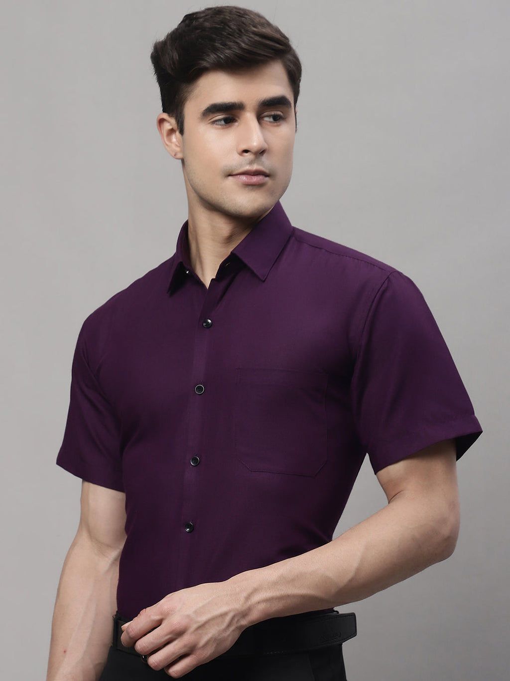 Jainish Men's Cotton Half Sleeves Solid Formal Shirts - Wine | Grocsy