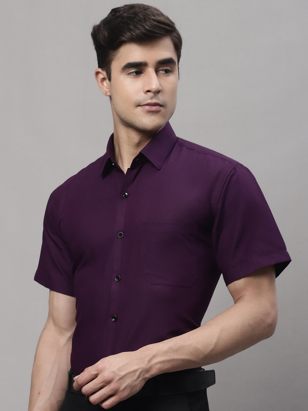 Jainish Men's Cotton Half Sleeves Solid Formal Shirts - Wine | Grocsy