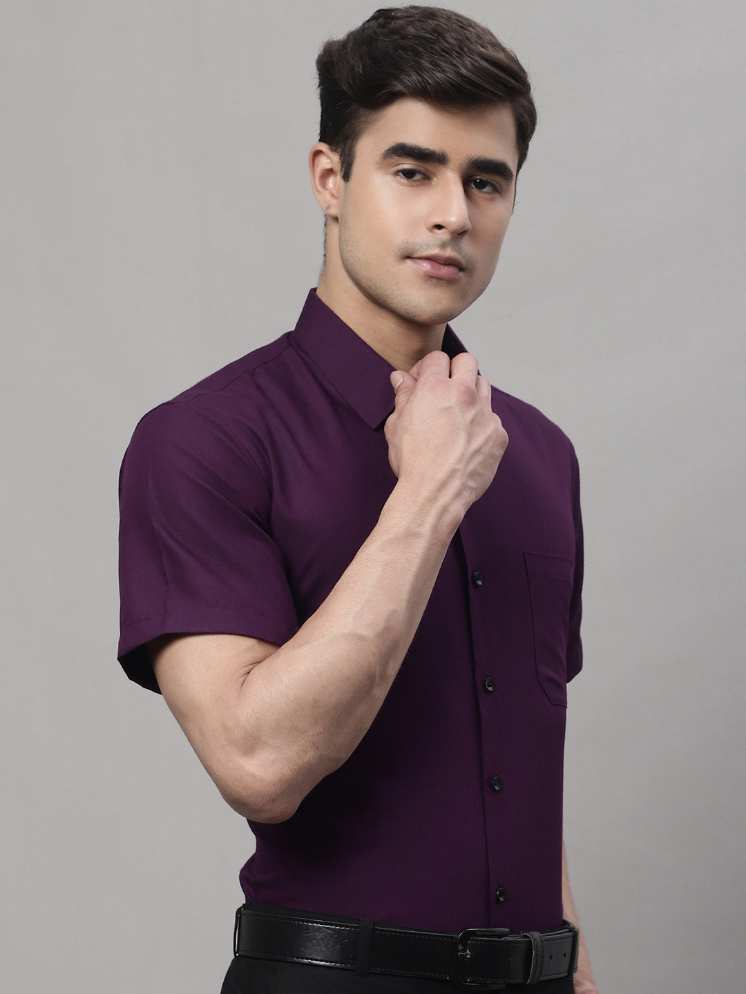 Jainish Men's Cotton Half Sleeves Solid Formal Shirts - Wine | Grocsy