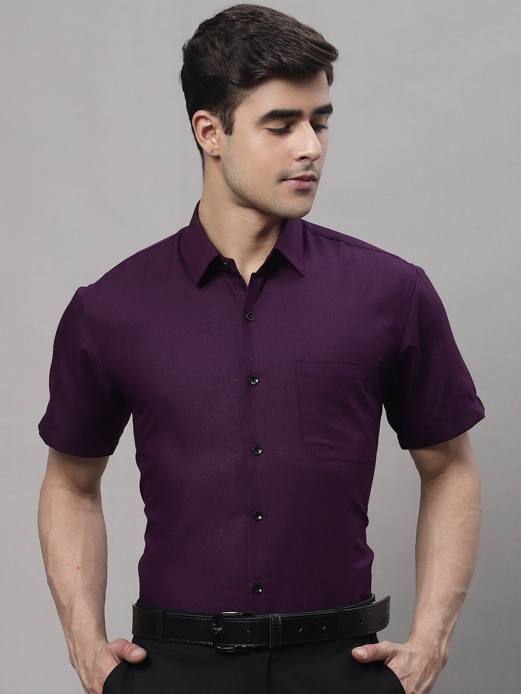 Jainish Men's Cotton Half Sleeves Solid Formal Shirts - Wine | Grocsy