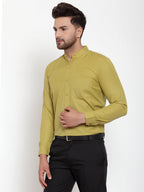 Jainish Green Men's Cotton Solid Mandarin Collar Formal Shirts ( SF 757Mehndi ) | Grocsy