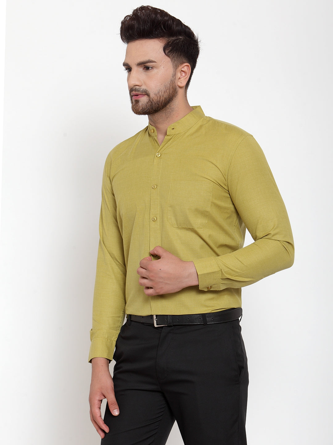 Jainish Green Men's Cotton Solid Mandarin Collar Formal Shirts ( SF 757Mehndi ) | Grocsy