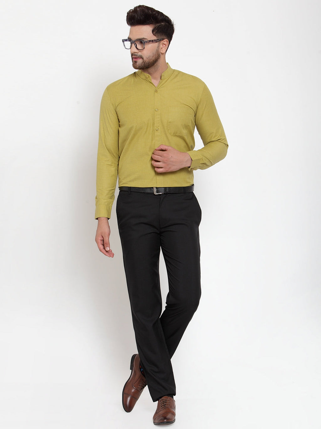 Jainish Green Men's Cotton Solid Mandarin Collar Formal Shirts ( SF 757Mehndi ) | Grocsy