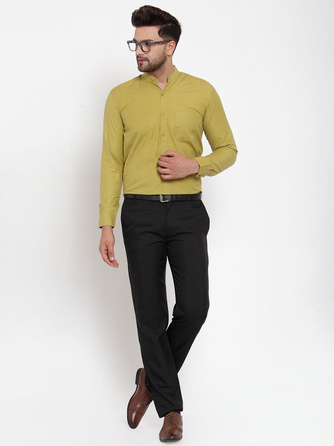 Jainish Green Men's Cotton Solid Mandarin Collar Formal Shirts ( SF 757Mehndi ) | Grocsy
