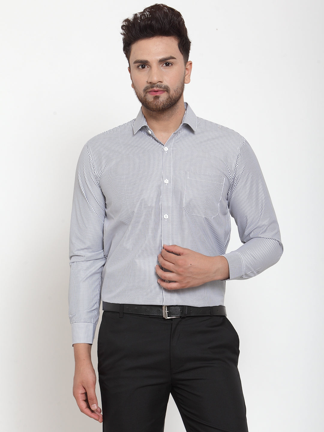 Jainish Black Men's Cotton Striped Formal Shirt's ( SF 759Black ) | Grocsy