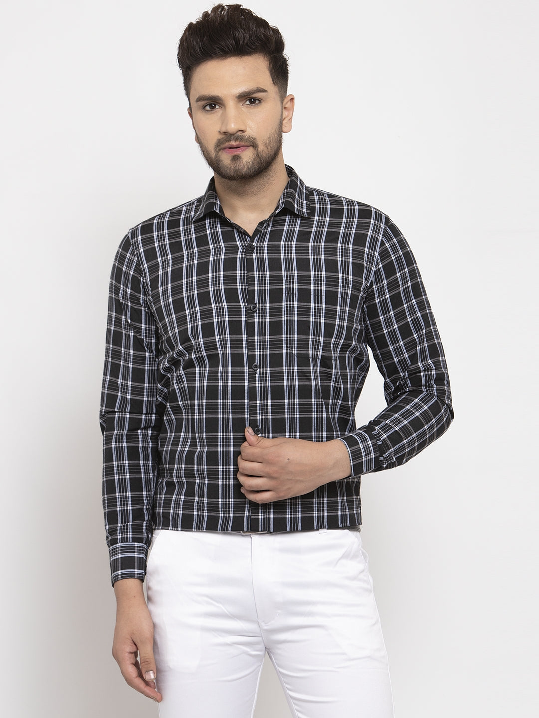 Jainish Black Men's Cotton Checked Formal Shirt's ( SF 764Black ) | Grocsy