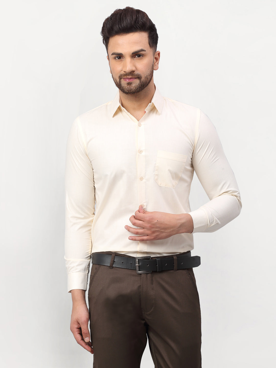 Jainish Men's Solid Formal Shirts - Cream | Grocsy