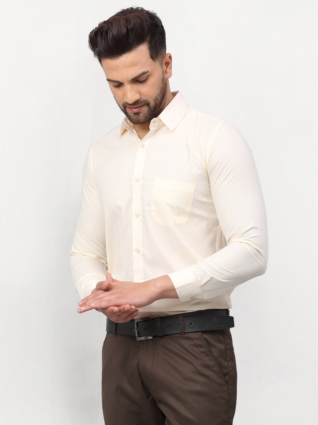 Jainish Men's Solid Formal Shirts - Cream | Grocsy