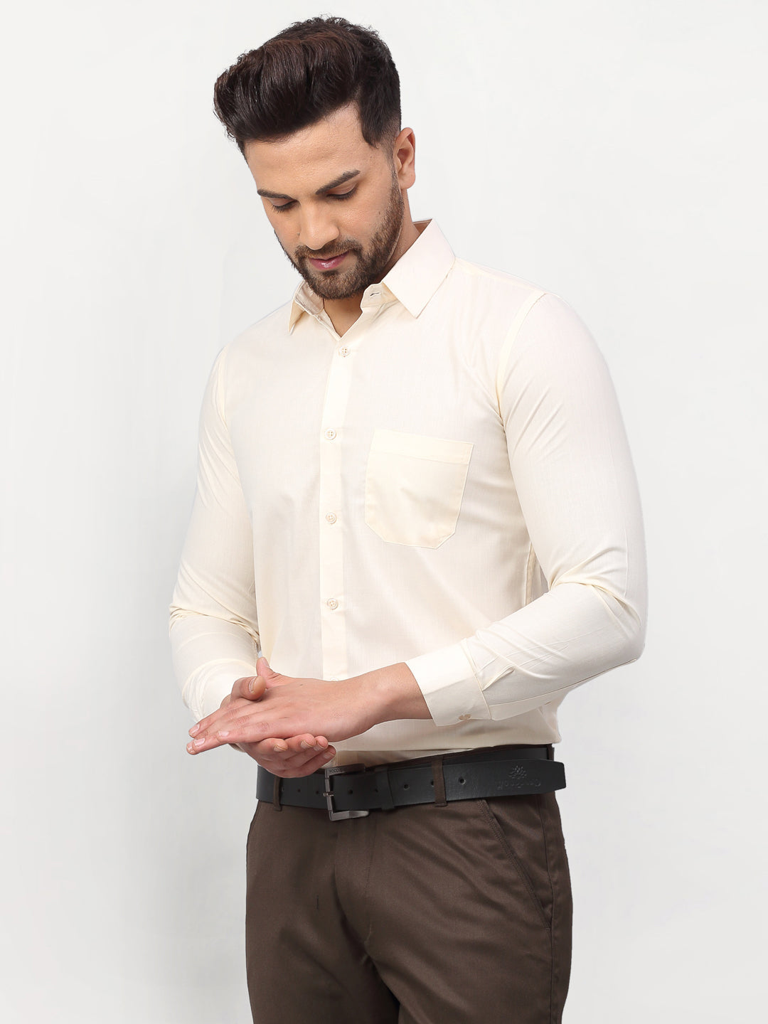 Jainish Men's Solid Formal Shirts - Cream | Grocsy