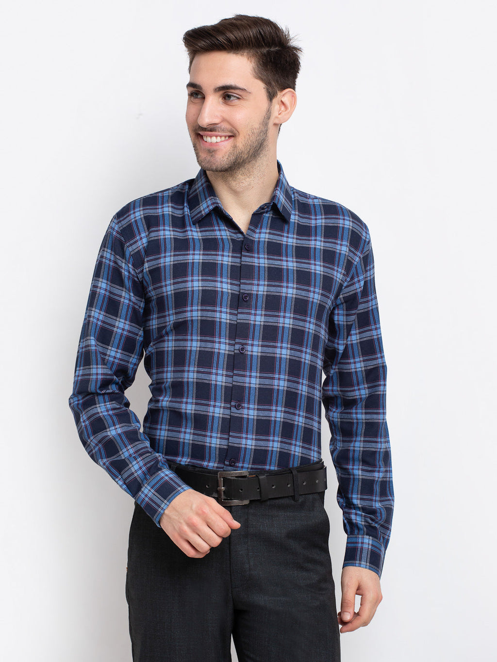 Jainish Blue Men's Checked Cotton Formal Shirt ( SF 786Blue ) | Grocsy