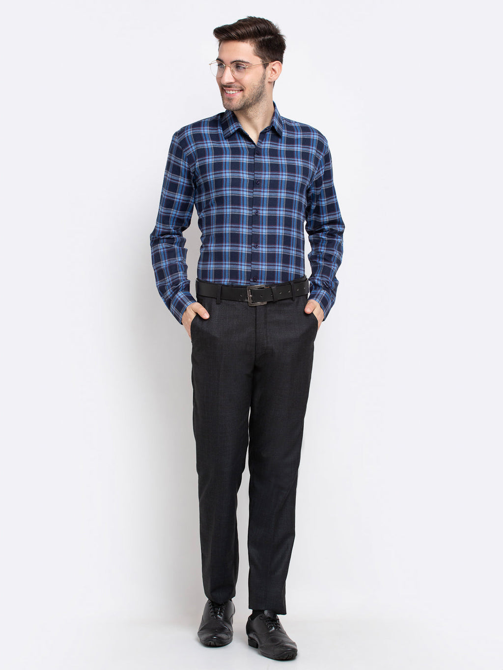 Jainish Blue Men's Checked Cotton Formal Shirt ( SF 786Blue ) | Grocsy