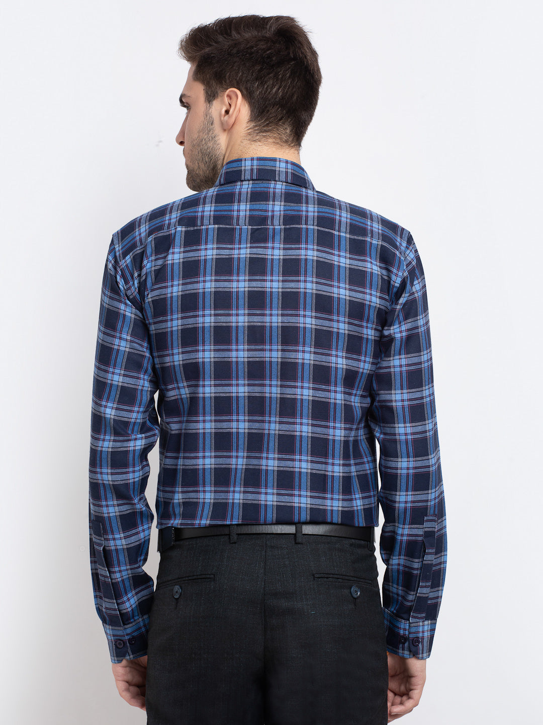 Jainish Blue Men's Checked Cotton Formal Shirt ( SF 786Blue ) | Grocsy