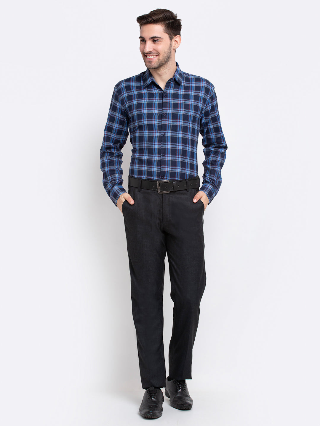 Jainish Blue Men's Checked Cotton Formal Shirt ( SF 786Blue ) | Grocsy