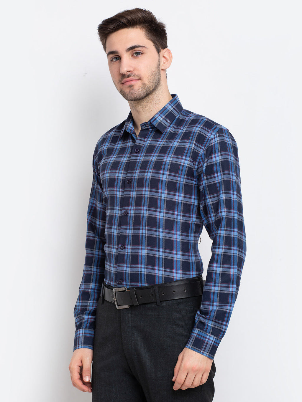Jainish Blue Men's Checked Cotton Formal Shirt ( SF 786Blue ) | Grocsy