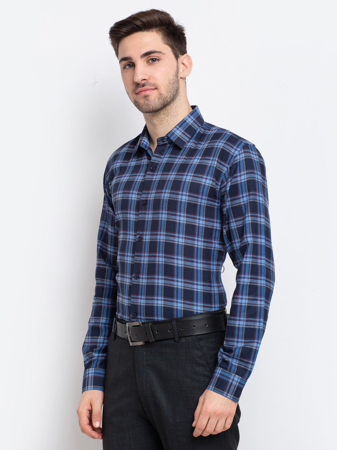 Jainish Blue Men's Checked Cotton Formal Shirt ( SF 786Blue ) | Grocsy