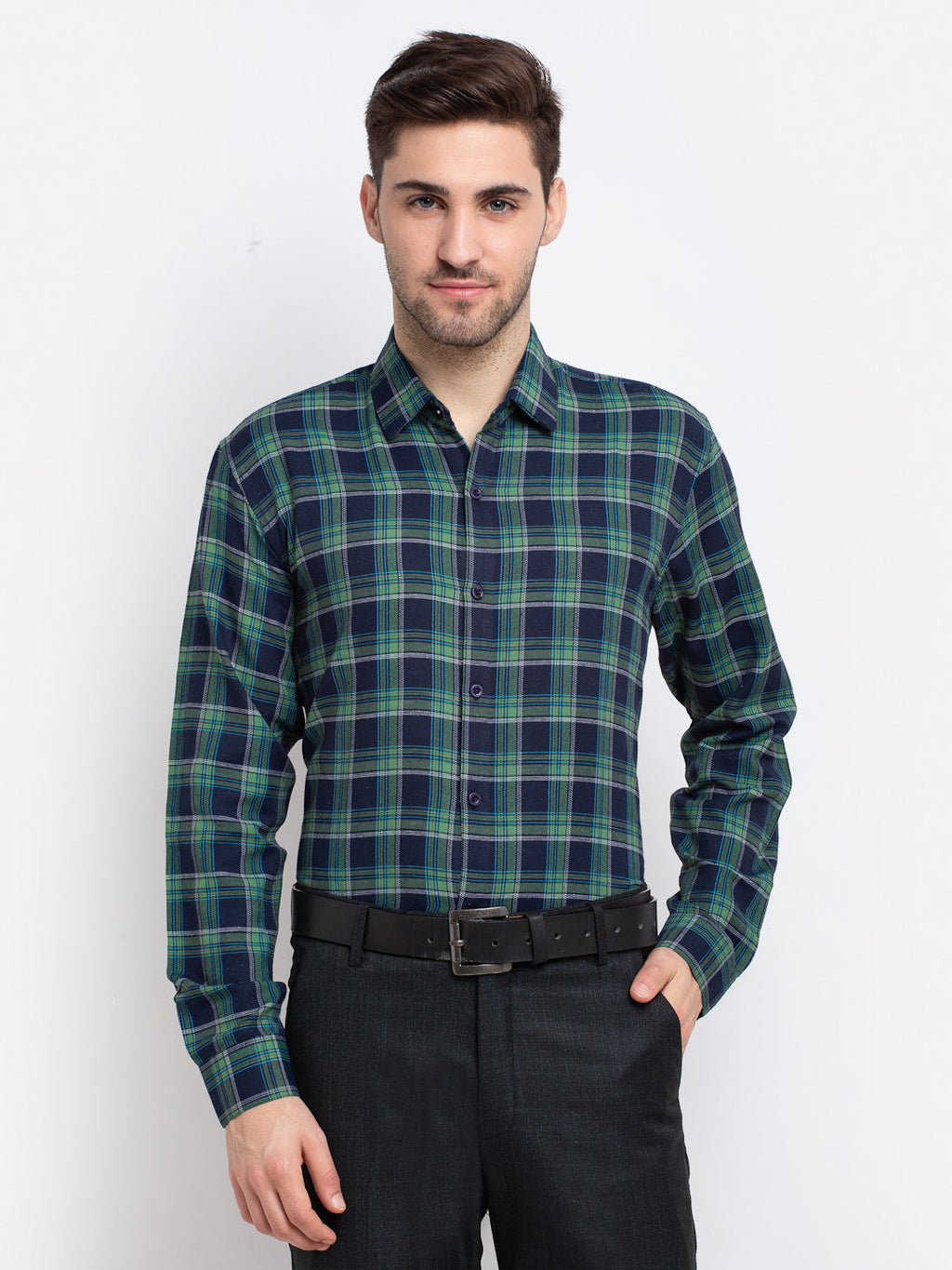 Jainish Green Men's Checked Cotton Formal Shirt ( SF 786Green ) | Grocsy