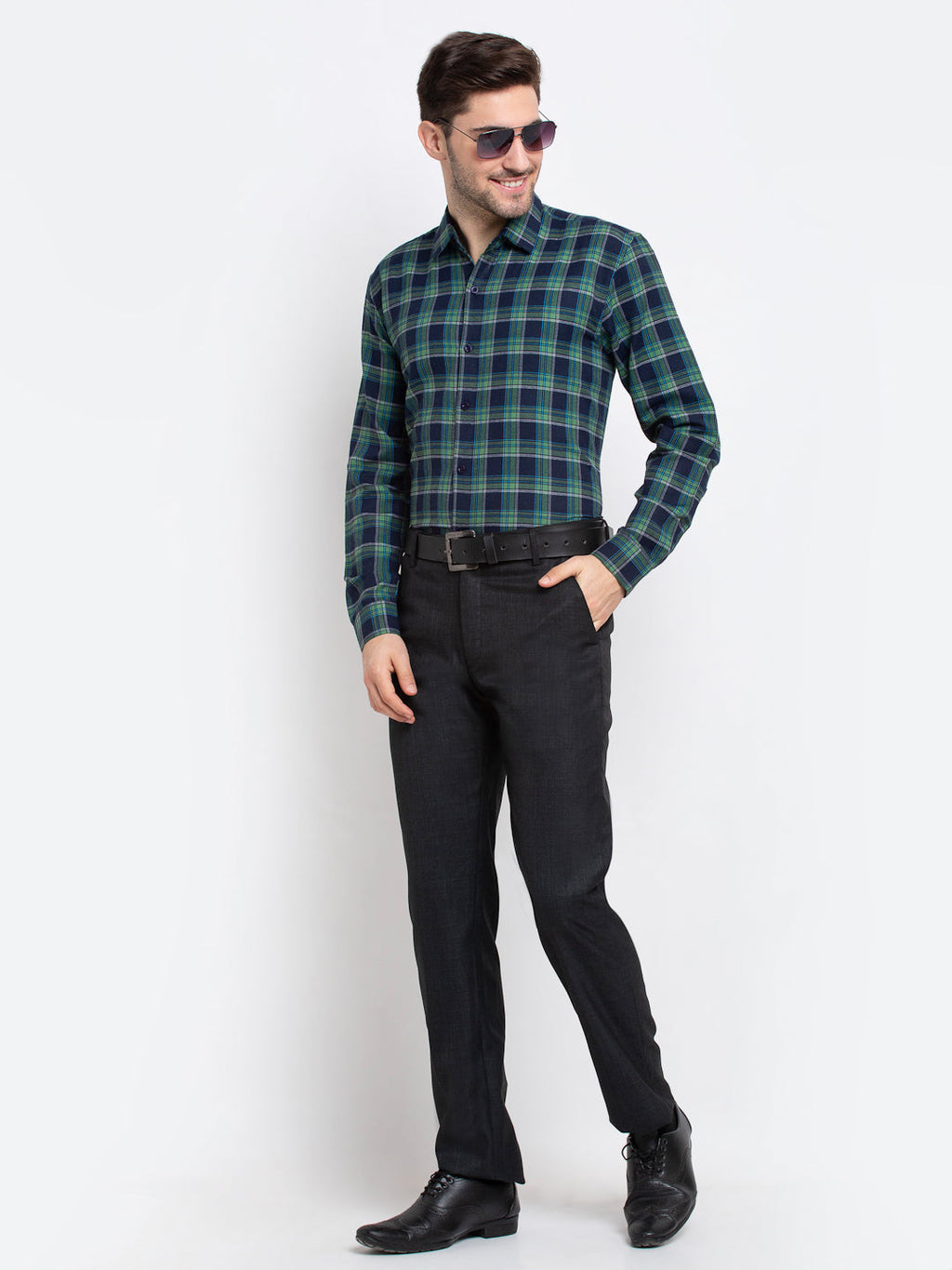 Jainish Green Men's Checked Cotton Formal Shirt ( SF 786Green ) | Grocsy
