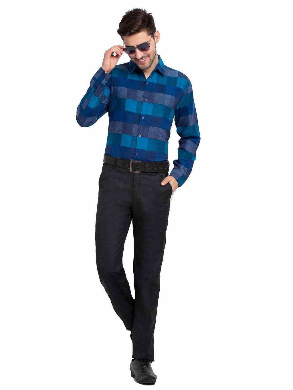 Jainish Blue Men's Checked Cotton Formal Shirt ( SF 787Blue ) | Grocsy