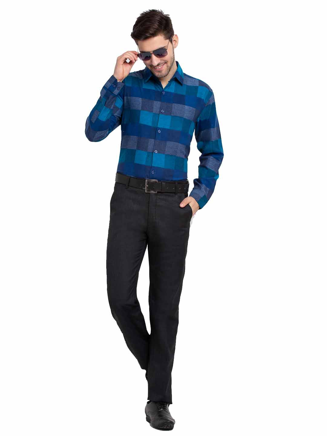 Jainish Blue Men's Checked Cotton Formal Shirt ( SF 787Blue ) | Grocsy