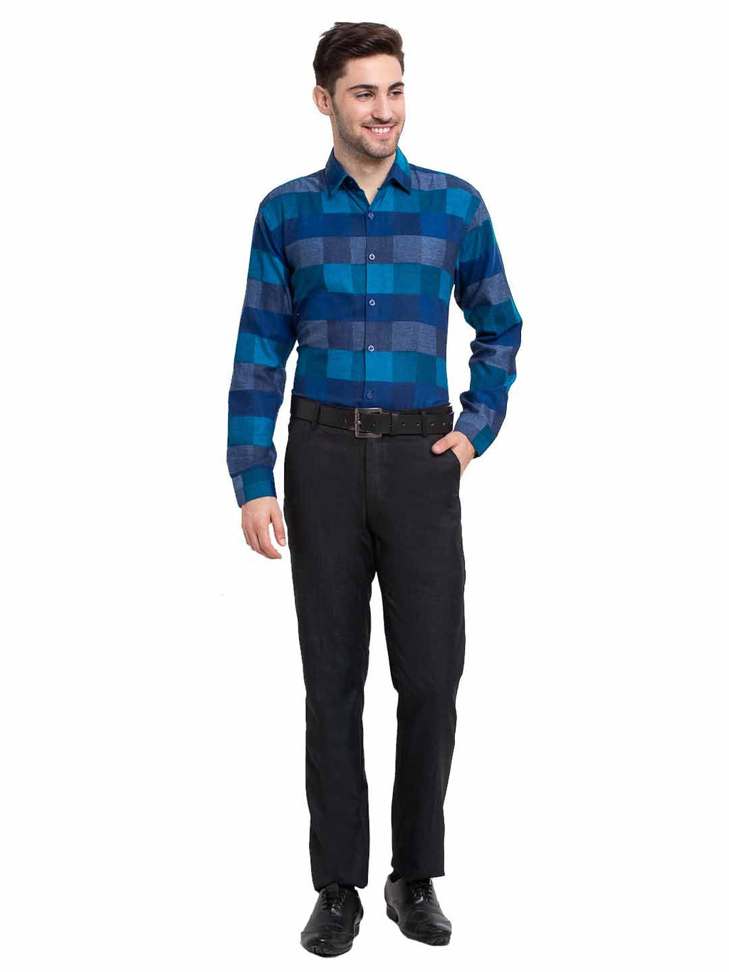 Jainish Blue Men's Checked Cotton Formal Shirt ( SF 787Blue ) | Grocsy