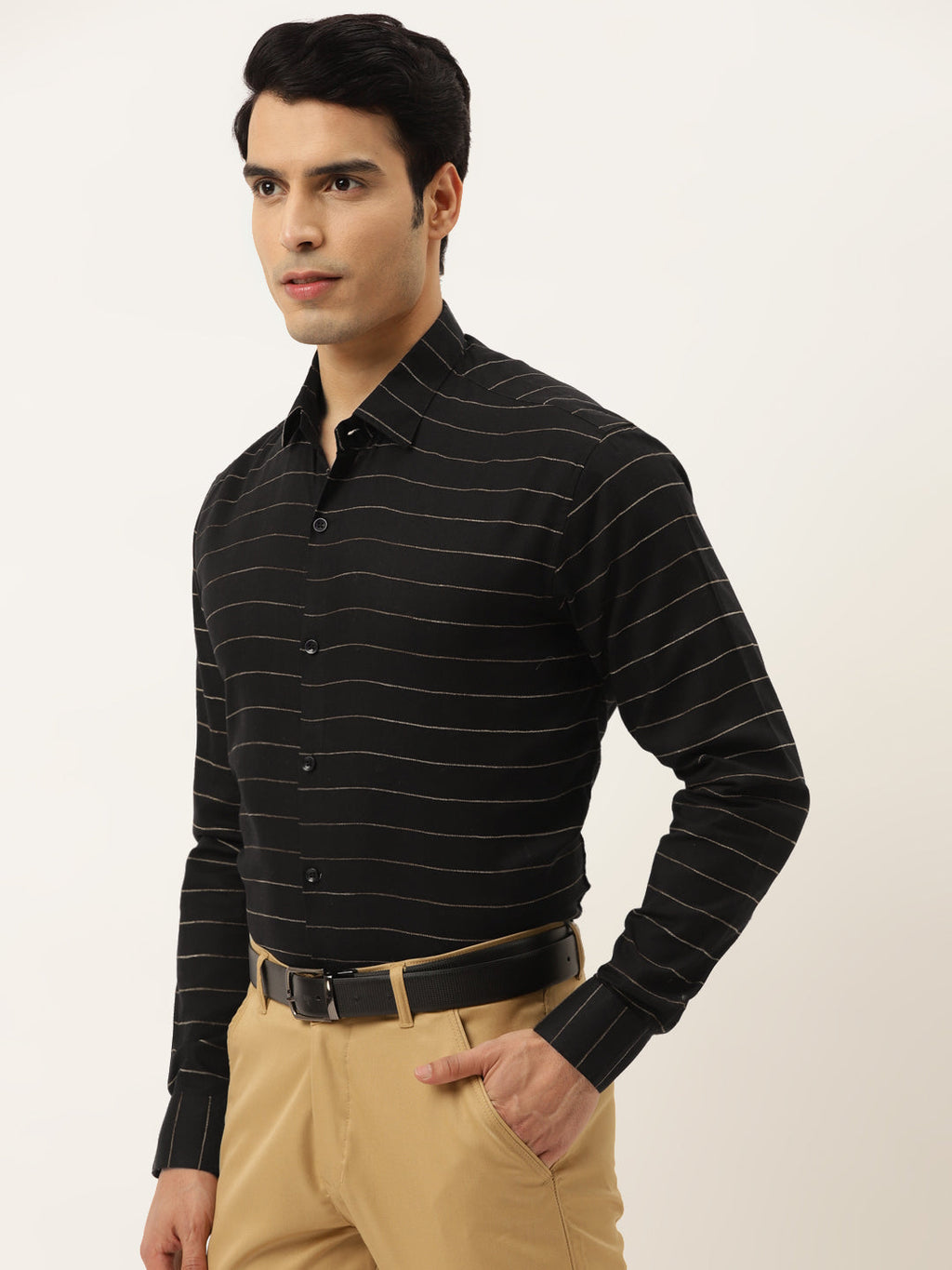 Jainish Men's Formal Cotton Horizontal Striped Shirt ( SF 790Black ) | Grocsy