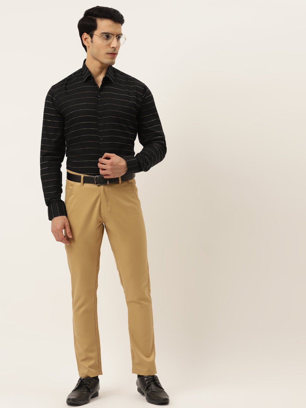 Jainish Men's Formal Cotton Horizontal Striped Shirt ( SF 790Black ) | Grocsy