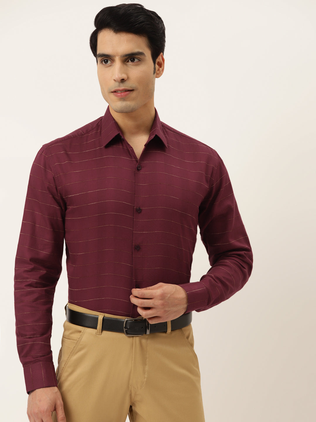 Jainish Men's Formal Cotton Horizontal Striped Shirt ( SF 790Maroon ) | Grocsy