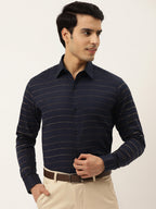 Jainish Men's Formal Cotton Horizontal Striped Shirt ( SF 790Navy ) | Grocsy