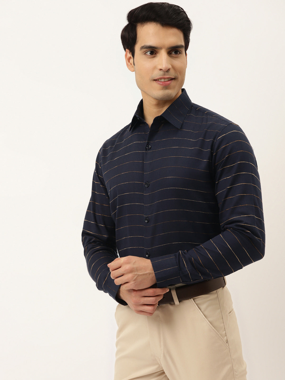 Jainish Men's Formal Cotton Horizontal Striped Shirt ( SF 790Navy ) | Grocsy