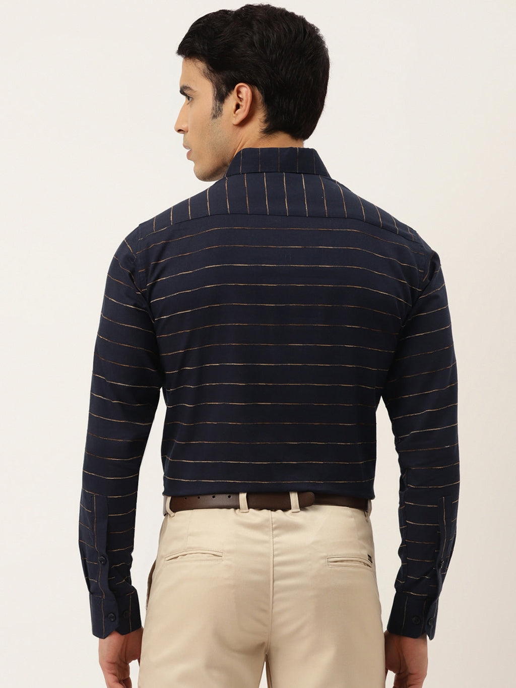 Jainish Men's Formal Cotton Horizontal Striped Shirt ( SF 790Navy ) | Grocsy