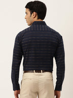 Jainish Men's Formal Cotton Horizontal Striped Shirt ( SF 790Navy ) | Grocsy