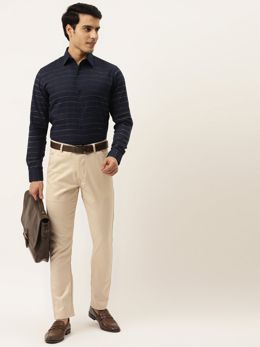Jainish Men's Formal Cotton Horizontal Striped Shirt ( SF 790Navy ) | Grocsy
