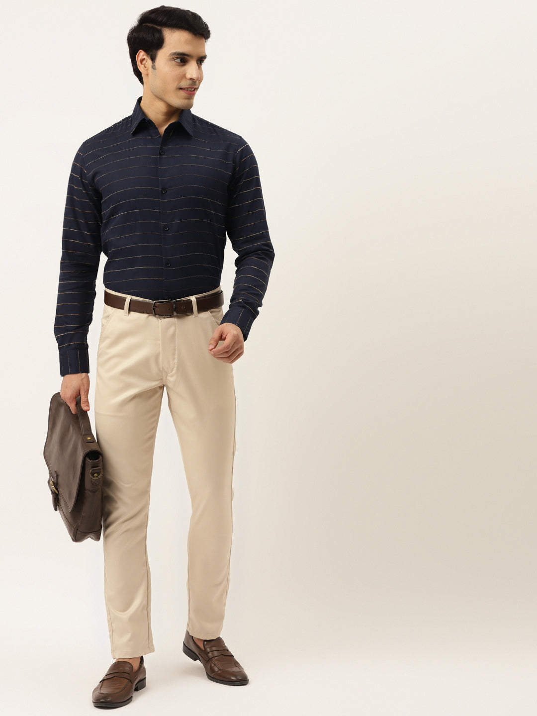 Jainish Men's Formal Cotton Horizontal Striped Shirt ( SF 790Navy ) | Grocsy