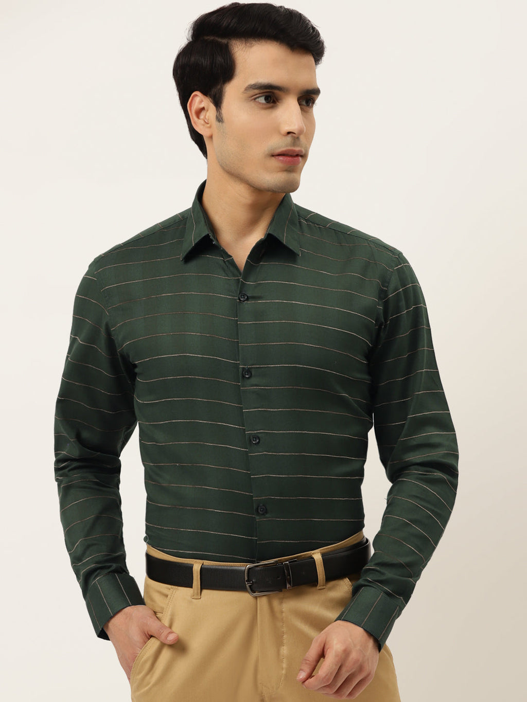 Jainish Men's Formal Cotton Horizontal Striped Shirt ( SF 790Olive ) | Grocsy