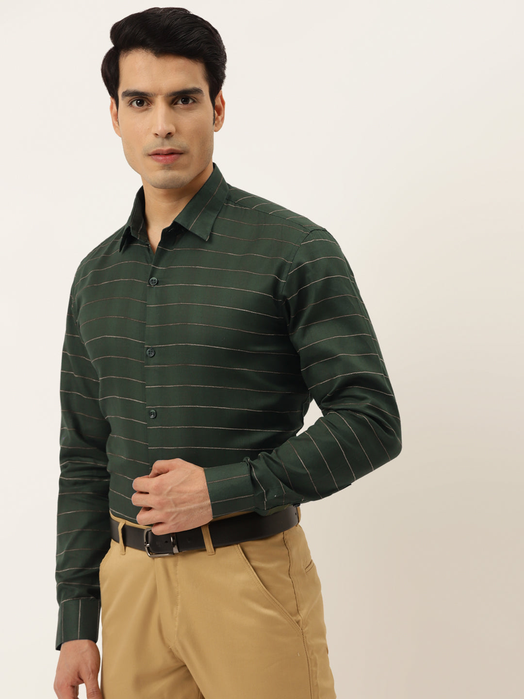 Jainish Men's Formal Cotton Horizontal Striped Shirt ( SF 790Olive ) | Grocsy