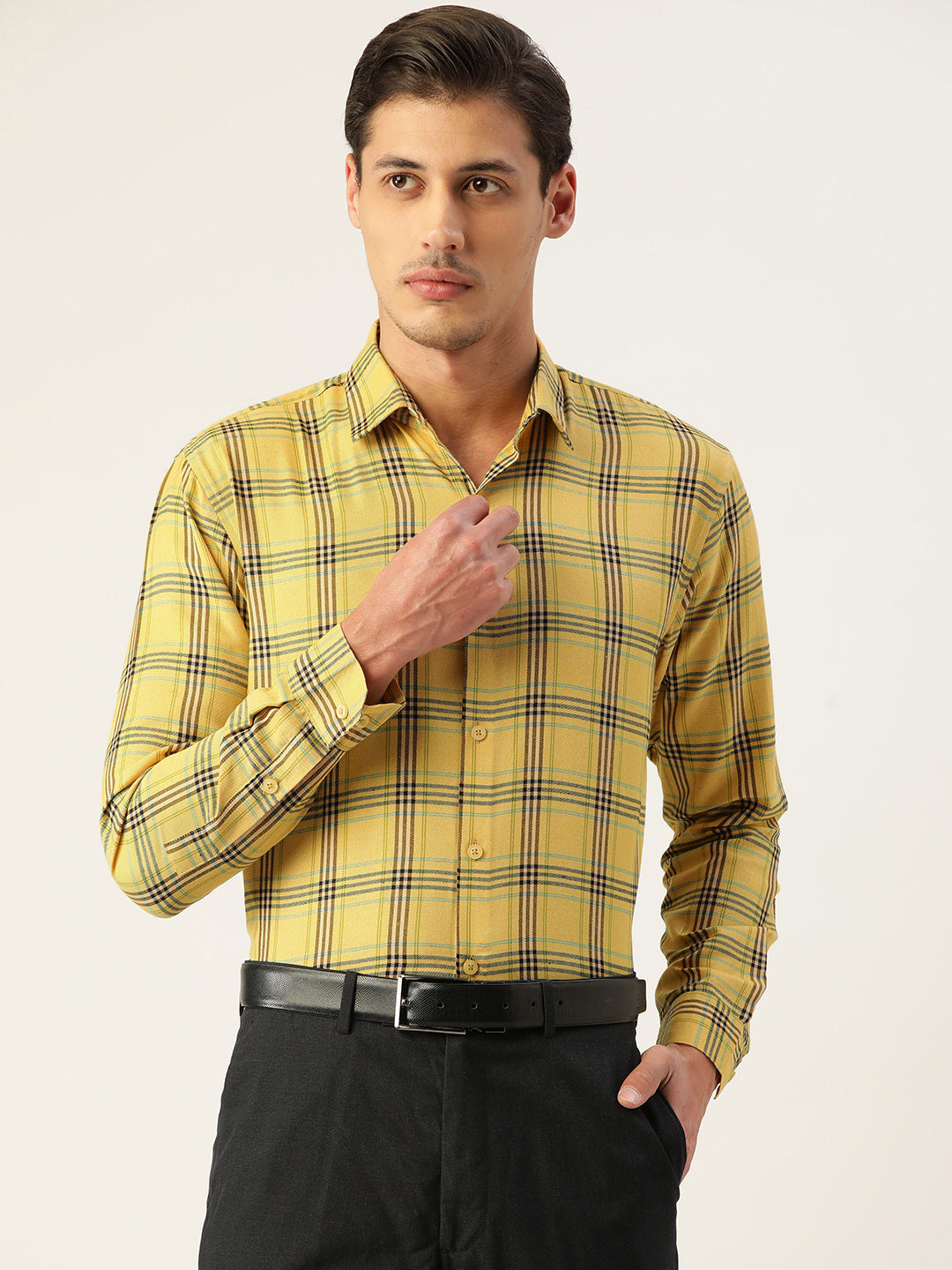 Jainish Men's Cotton Checked Formal Shirts ( SF 793Yellow ) | Grocsy