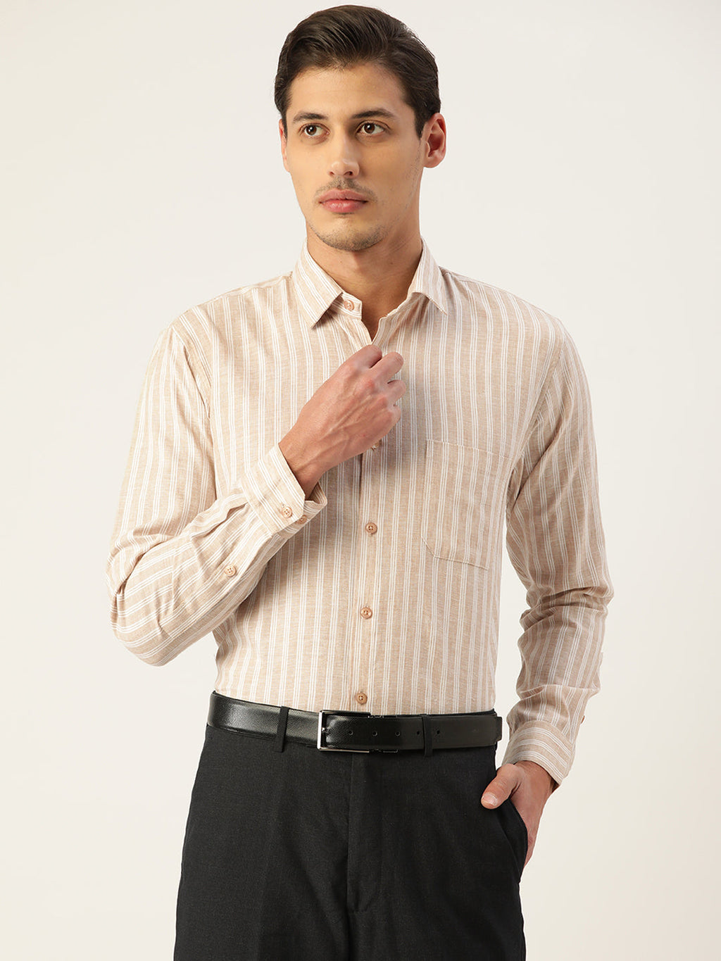 Jainish Men's Cotton Striped Formal Shirts ( SF 795Beige ) | Grocsy